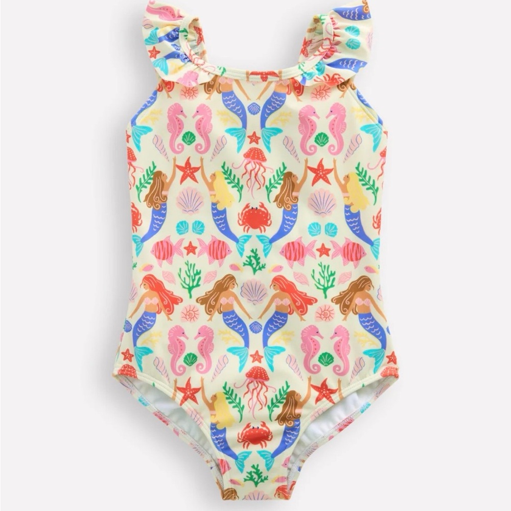Mini Boden Cream One-Piece Swimsuit with Colorful Mermaid Print